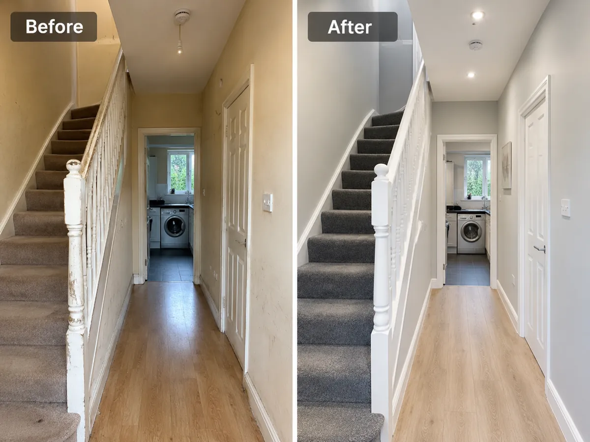 Completed before and after hall stairs and landing redecoration in the Ballyclare area
