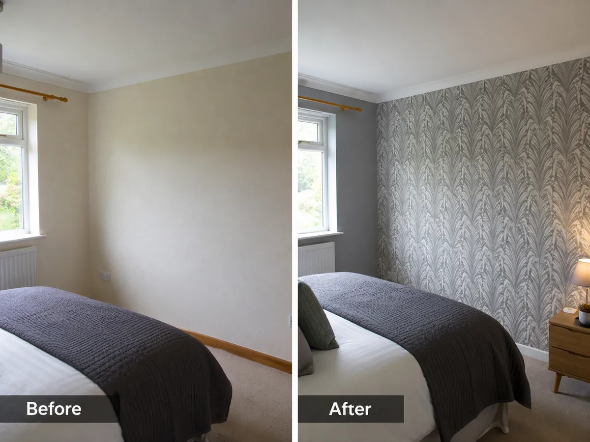 Completed before and after bedroom wallpaper feature wall installation in the Ballyclare area